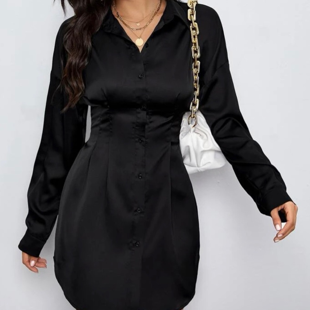 Black shein extra small drop shoulder ruched waist satin shirt dress